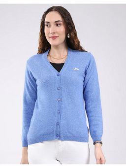 Monte Carlo - Blue Women Regular Fit Solid V Neck Full Sleeve Cardigan
