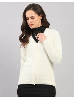 Monte Carlo - Off White Women Regular Fit Solid V Neck Full Sleeve Cardigan