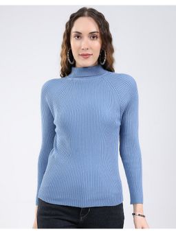 Monte Carlo - Blue Women Regular Fit Self Design Turtle Neck Full Sleeve Sweater