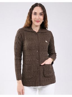 Monte Carlo - Brown Women Regular Fit Self Design Stand Collar Full Sleeve Cardigan