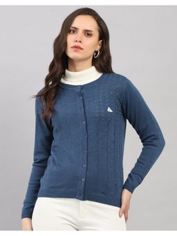 Monte Carlo - Blue Women Regular Fit Self Design Round Neck Full Sleeve Cardigan