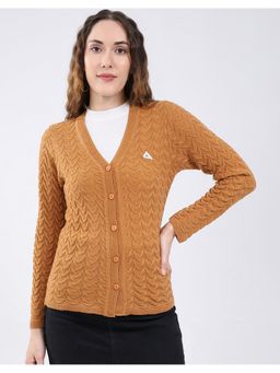 Monte Carlo - Mustard Women Regular Fit Self Design V Neck Full Sleeve Cardigan