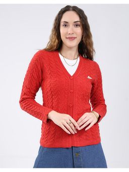 Monte Carlo - Red Women Regular Fit Self Design V Neck Full Sleeve Cardigan