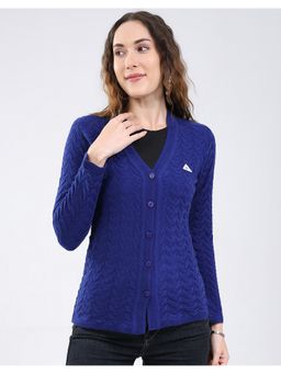 Monte Carlo - Blue Women Regular Fit Self Design V Neck Full Sleeve Cardigan