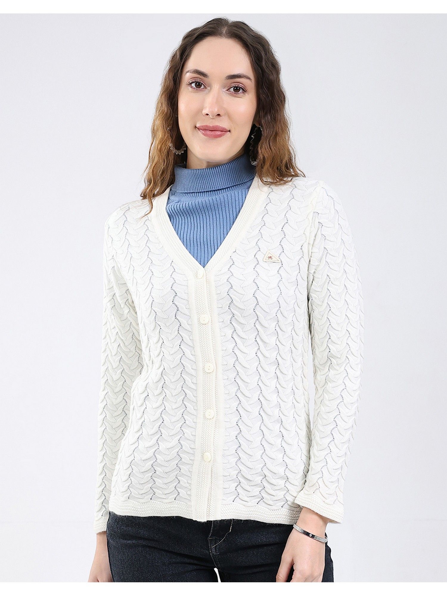 monte carlo White Women Regular Fit Self Design V Neck Full Sleeve Cardigan-picture-10