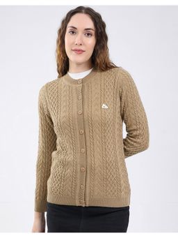 Monte Carlo - Brown Women Regular Fit Self Design Round Neck Full Sleeve Cardigan