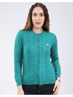 Monte Carlo - Green Women Regular Fit Self Design Round Neck Full Sleeve Cardigan