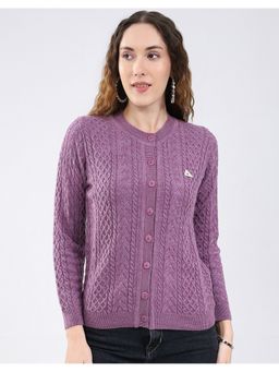 Monte Carlo - Purple Women Regular Fit Self Design Round Neck Full Sleeve Cardigan