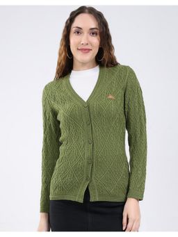 Monte Carlo - Green Women Regular Fit Self Design V Neck Full Sleeve Cardigan