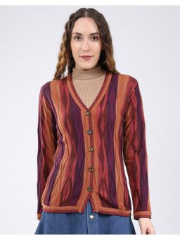 Monte Carlo - Multi-Color Women Regular Fit Wave Stripes V Neck Full Sleeve Cardigan