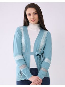 Monte Carlo - Blue Women Regular Fit Self Design Front Open Full Sleeve Cardigan with Belt