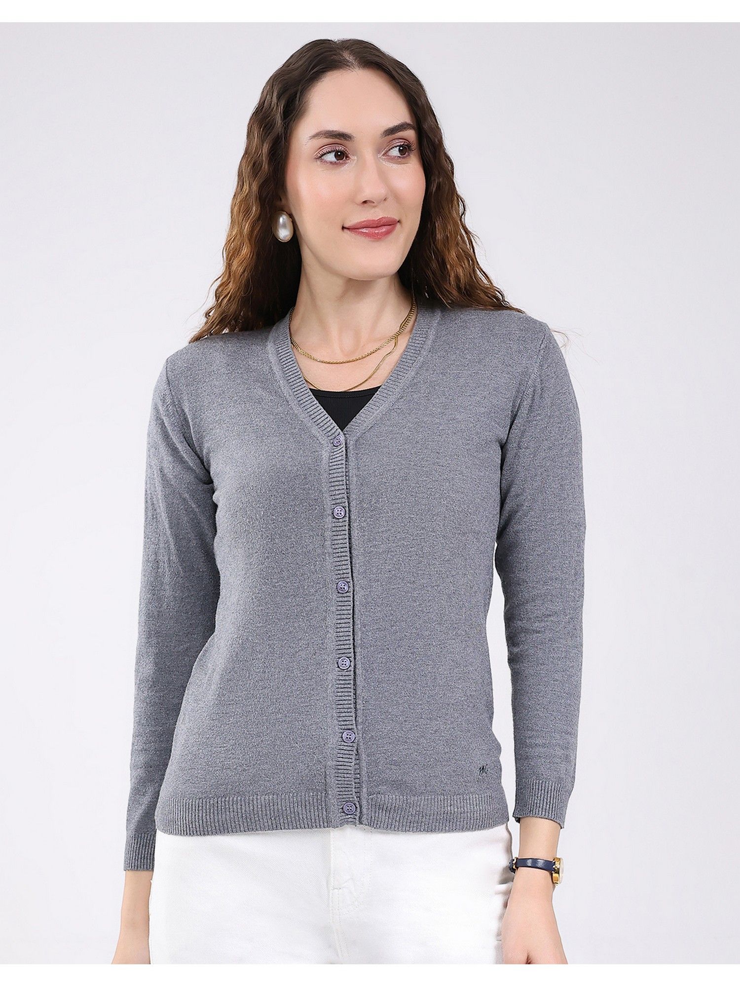 monte carlo Grey Women Regular Fit Solid V Neck Full Sleeve Cardigan-picture-13