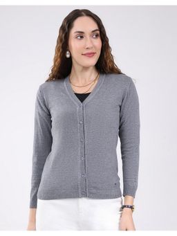 Monte Carlo - Grey Women Regular Fit Solid V Neck Full Sleeve Cardigan