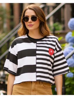 Bewakoof - Women Bright White Striped Oversized Crop T-shirt