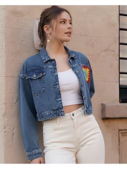 Bewakoof - Women Blue Embroidered Oversized Washed Cropped Denim Jacket