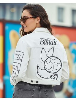 Bewakoof - Blossom Women Bright White Applique Oversized Cropped Denim Jacket