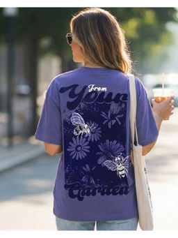 Bewakoof - Women Skipper Blue Garden Graphic Printed Oversized T-shirt