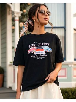 Bewakoof - Women Black Stay Classy Graphic Printed Oversized T-shirt