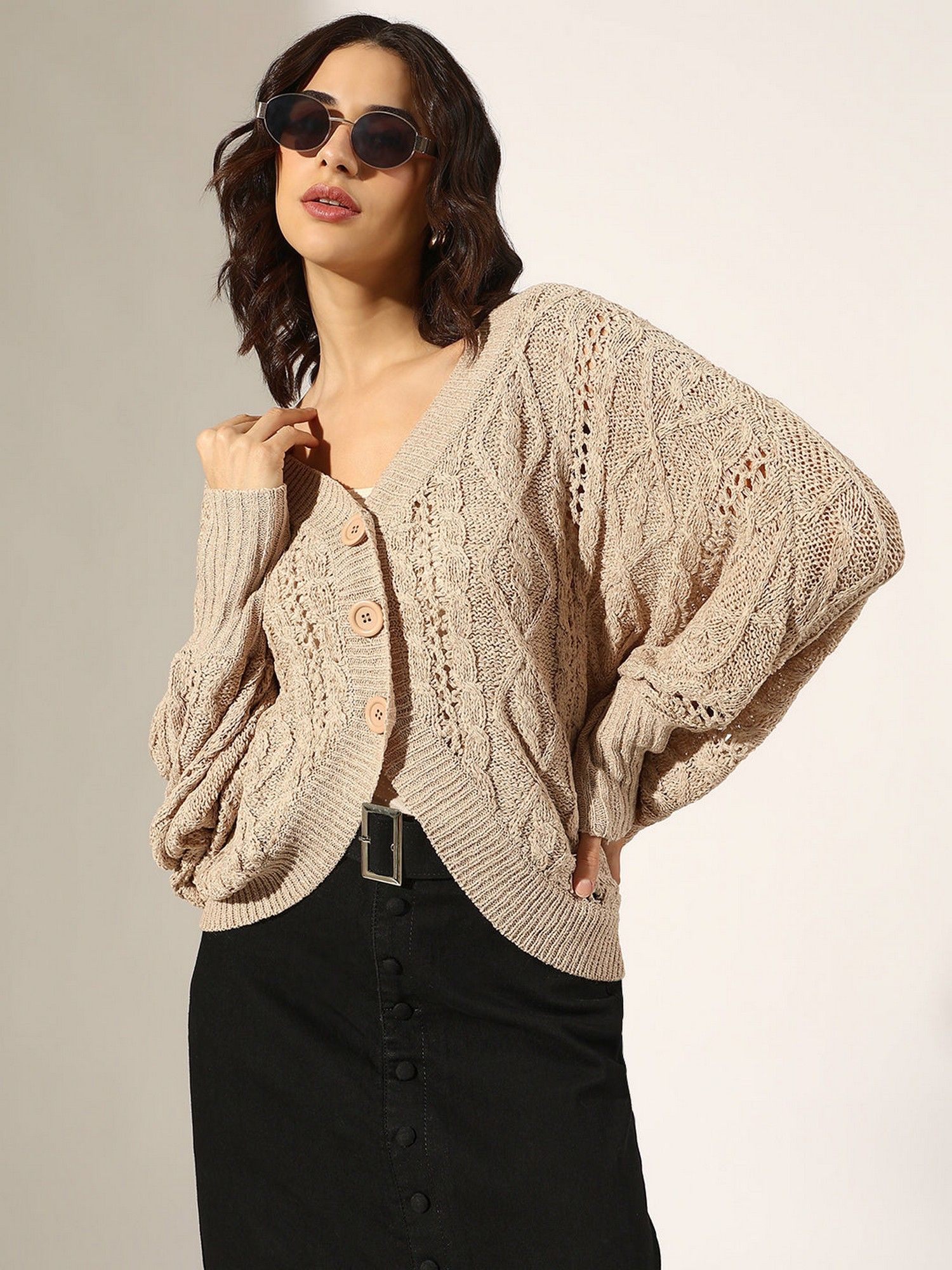 showoffff Edition Women Knitted Beige Button Up Cardigan-picture-10