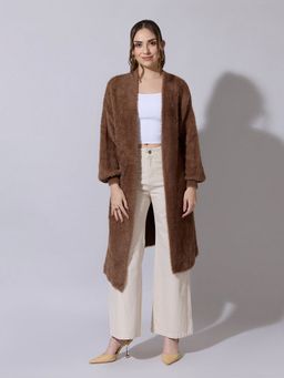 SHOWOFF - Women Textured Brown Long Open Front Shrug
