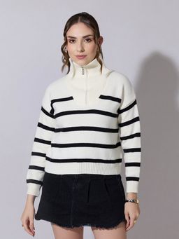 SHOWOFF - Women Striped Black Knit Sweater