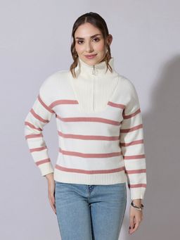 SHOWOFF - Women Striped Peach Knit Sweater