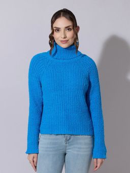 SHOWOFF - Women Textured Blue Turtle Neck Sweater