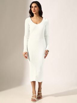 SHOWOFF - Women Ribbed White Long Sleeve Bodycon Dress