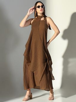 SHOWOFF - Women Brown Solid A-Line Dress with Drape Over