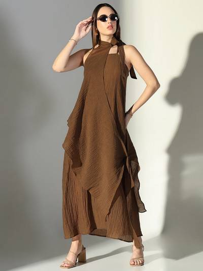 Women Brown Solid A-Line Dress with Drape Over