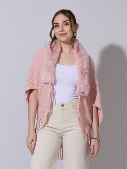 SHOWOFF - Women Knit Pink Faux Fur Collar Poncho