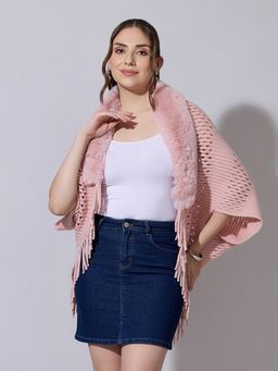 SHOWOFF - Women Open Knit Pink Faux Fur Collar Poncho