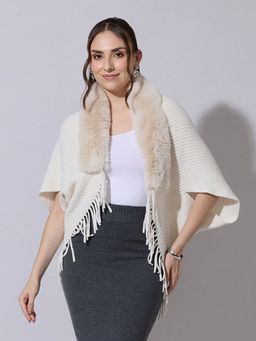 SHOWOFF - Women Textured Cream Faux Fur Collar Poncho