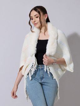 SHOWOFF - Women Patterned Knit Cream Faux Fur Collar Poncho