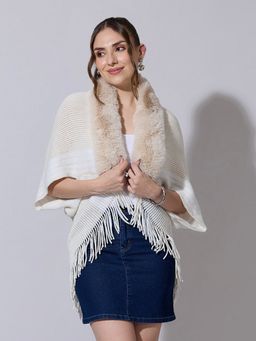 SHOWOFF - Women Knit Cream Faux Fur Collar Poncho