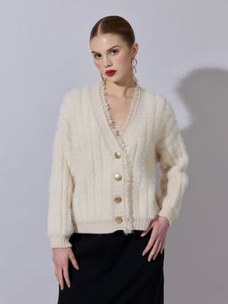 SHOWOFF - Edition Women Cream Fringed V-Neck Fuzzy Cardigan