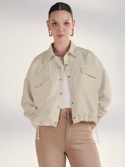 SHOWOFF - Women Solid Beige Spread Collar Tailored Jacket