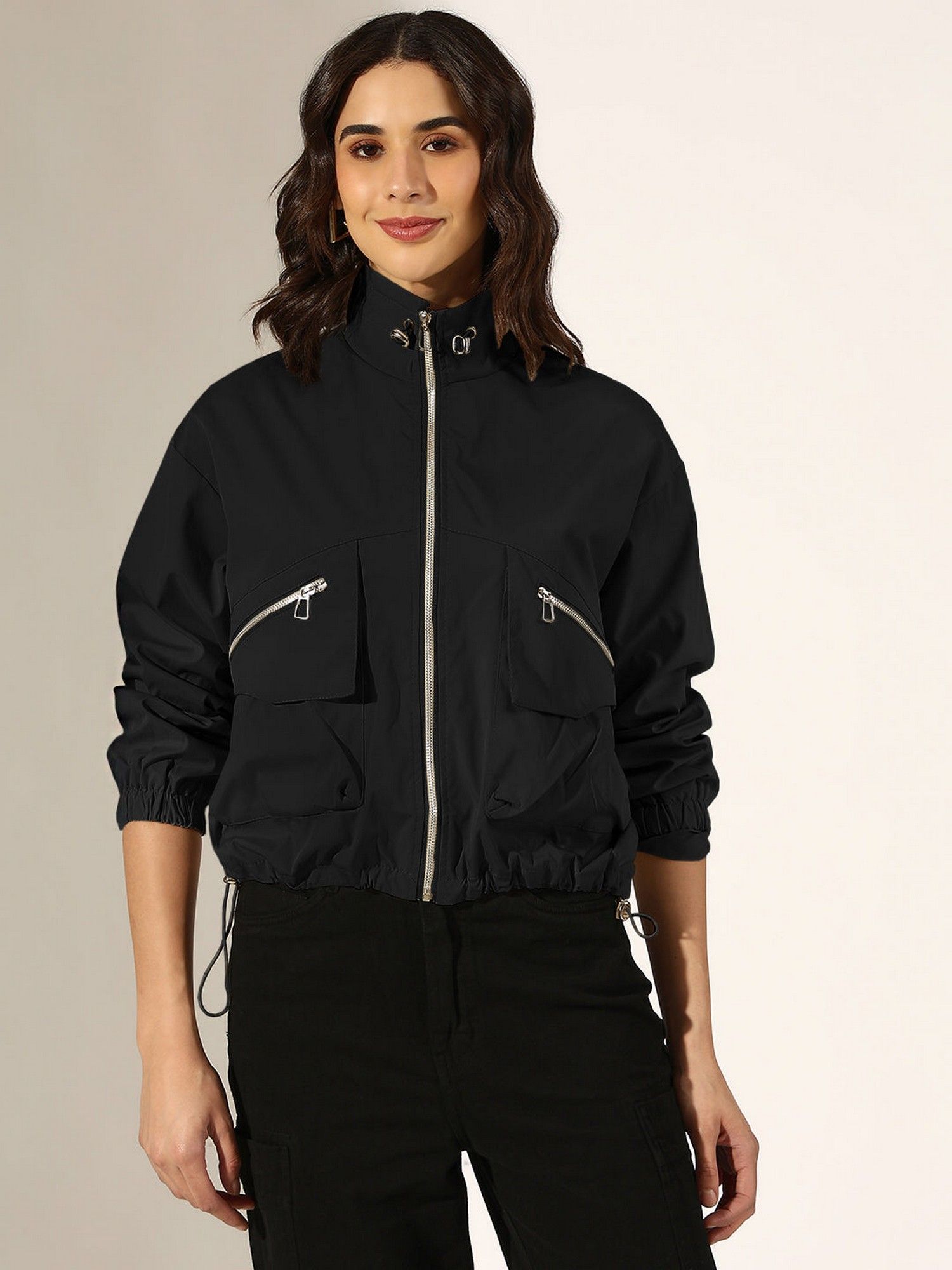 showoffff Women Edition Black Utility Pocket Bomber Jacket-picture-16