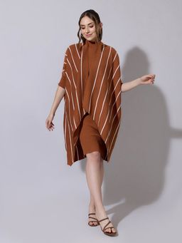 SHOWOFF - Women Brown Knit Knee Length Dress with Poncho-Style Overlay Shrug