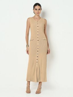 SHOWOFF - Women Beige Sleeveless Button-Down Front Slit Dress