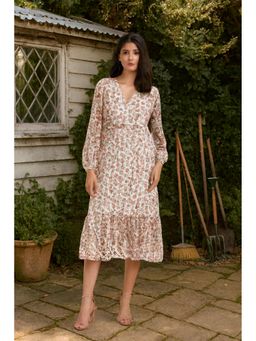 NOBARR - Cream Women Polyester Floral Printed V-Neck Dress