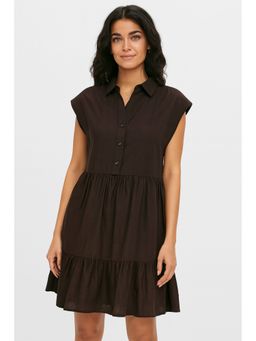 NOBARR - Women Dark Brown Solid Collared Neck Viscose Short Mini Dress