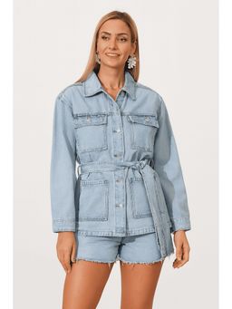 NOBARR - Women Cotton Belted Denim Blue Shacket with Belt