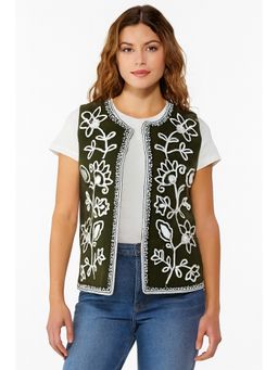 NOBARR - Women Polyester Dark Green Embroidered Sleeveless Open Front Jacket