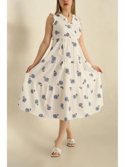 PIMU - Blue V-Neck Floral Printed Dress with Belt