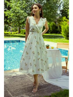 PIMU - Brown V-Neck Floral Printed Dress with Belt