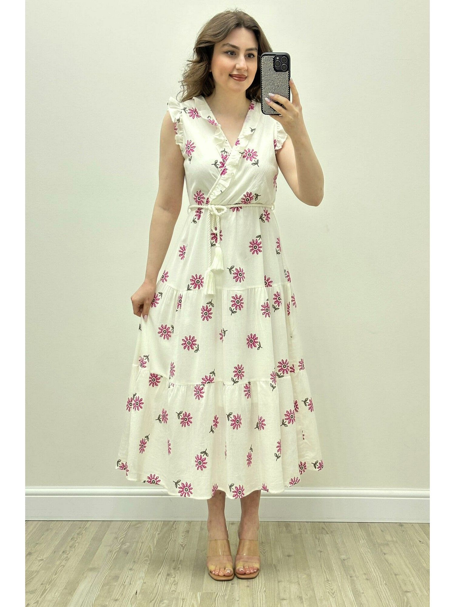 pimu Pink V-Neck Floral Printed Dress with Belt-picture-18