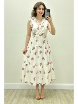 PIMU - Pink V-Neck Floral Printed Dress with Belt