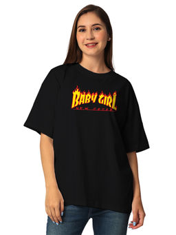 Status Mantra - Black Women Pure Cotton Round Neck Casual Half Sleeves Oversized T-Shirt