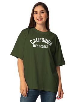 Status Mantra - Olive Women Pure Cotton Round Neck Half Sleeves Oversized T-Shirt